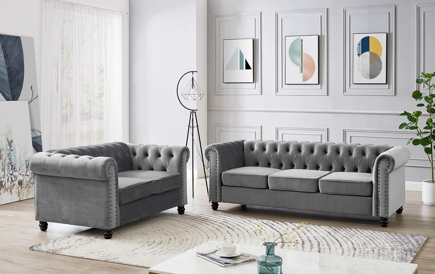 Home Detail Chesterfield Sofa Velvet Upholstered Couch in 2 Seater or 3 Seater Fabric Sofa in Grey, Blue, Black, Green, Gold (3 Seater, Grey)