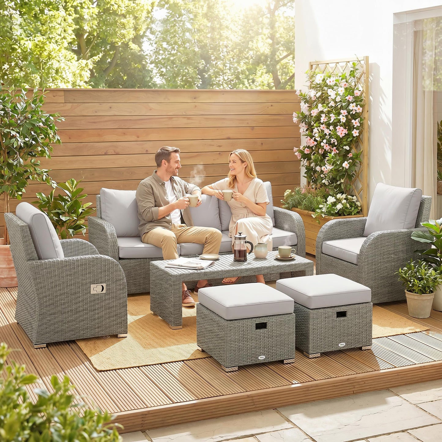 7 Seater Rattan Garden Furniture Set with Reclining Chairs, Footstools & Coffee Table